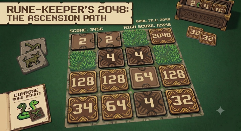 2048 kapak görseli: 2048'e doğru yükselen oyma sayı taşları.
